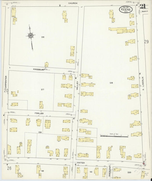 Sanborn Fire Insurance Map from Keene, Cheshire County, New Hampshire (1913), Sheet #0021 - Historic Sanborn Fire Insurance Map Print, vintage old map wall art, antique decor, genealogy gift, New Hampshire New Hampshire map
