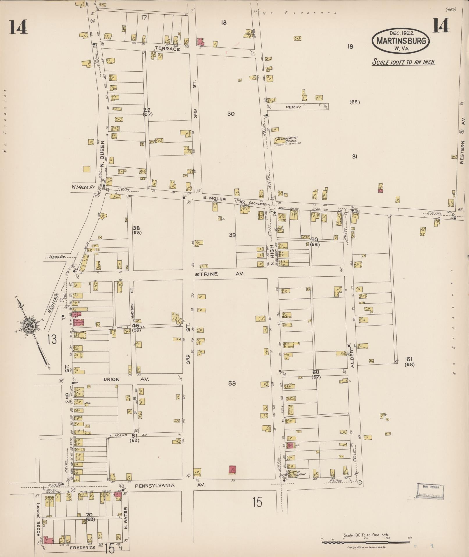 Sanborn Fire Insurance Map from Martinsburg, Berkeley County, West Virginia (1922), Sheet #0014 - Historic Sanborn Fire Insurance Map Print, vintage old map wall art, antique decor, genealogy gift, West Virginia West Virginia map