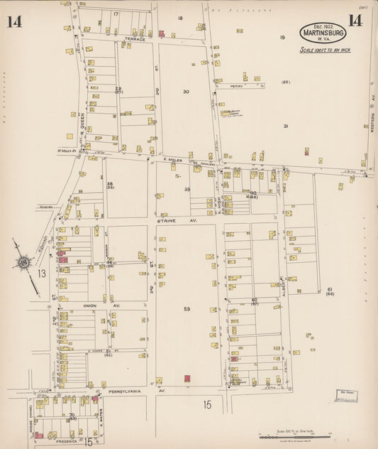Sanborn Fire Insurance Map from Martinsburg, Berkeley County, West Virginia (1922), Sheet #0014 - Historic Sanborn Fire Insurance Map Print, vintage old map wall art, antique decor, genealogy gift, West Virginia West Virginia map