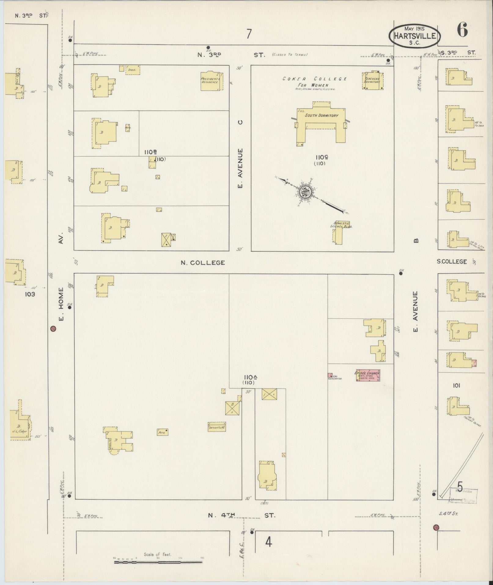Sanborn Fire Insurance Map from Hartsville, Darlington County, South Carolina (1915), Sheet #0006 - Complete Map Set gallery image, historic Sanborn map, vintage wall art, South Carolina South Carolina