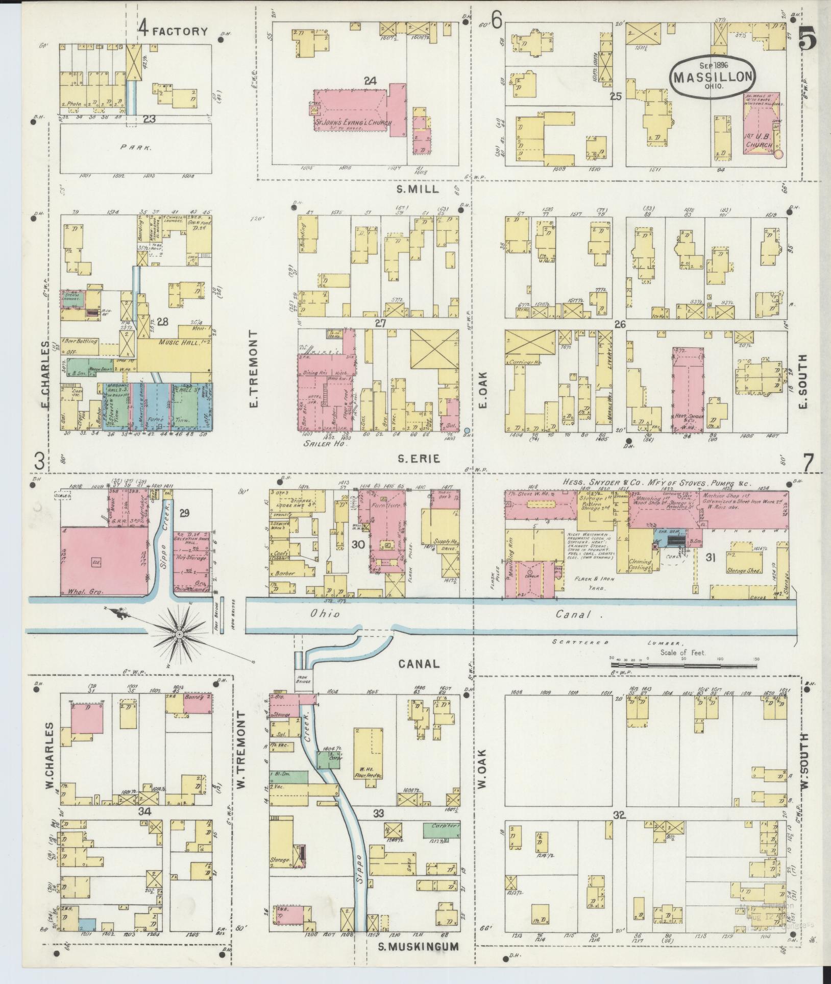 Sanborn Fire Insurance Map from Massillon, Stark County, Ohio (1896), Sheet #0005 - Historic Sanborn Fire Insurance Map Print, vintage old map wall art, antique decor, genealogy gift, Ohio Ohio map