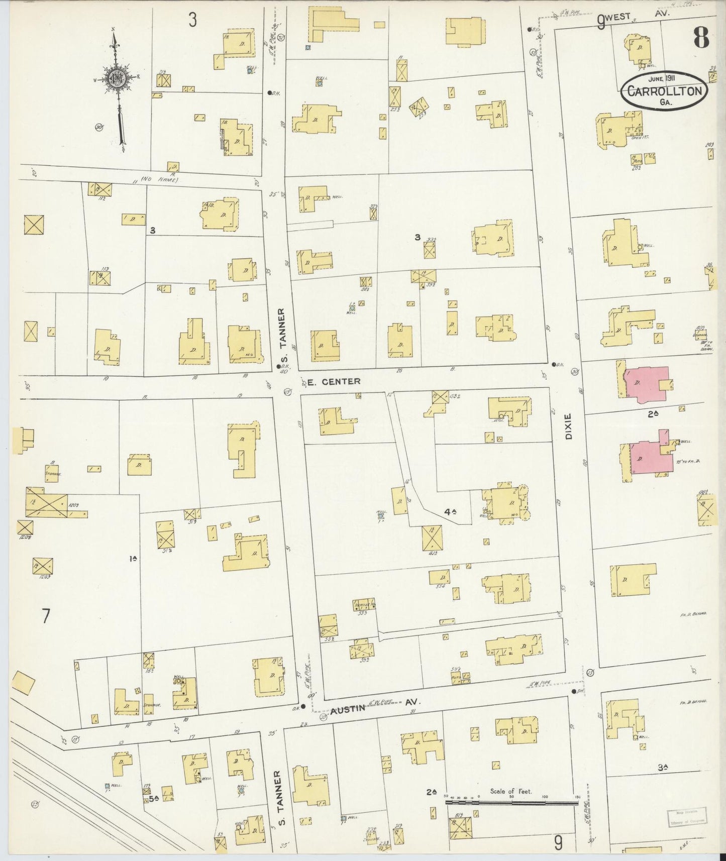 Sanborn Fire Insurance Map from Carrollton, Carroll County, Georgia (1911), Sheet #0008 - Complete Map Set gallery image, historic Sanborn map, vintage wall art, Georgia Georgia