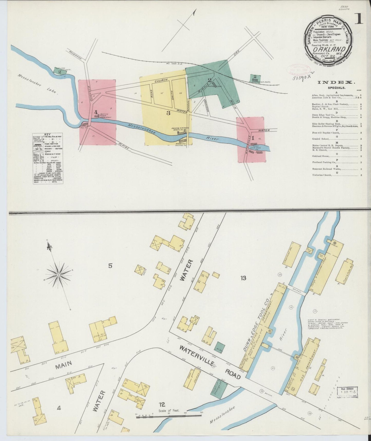Sanborn Fire Insurance Map from Oakland, Knnebec County, Maine. (1892) – Historic Sanborn Fire Insurance Map Print