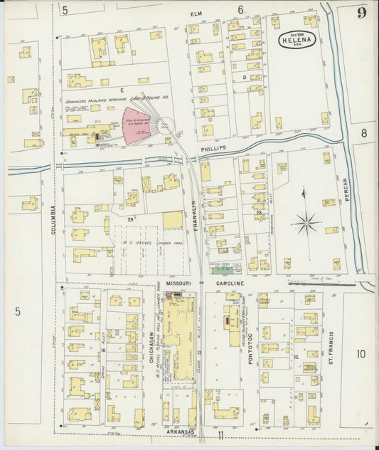 Sanborn Fire Insurance Map from Helena, Phillips County, Arkansas (1896), Sheet #0009 - Historic Sanborn Fire Insurance Map Print, vintage old map wall art, antique decor, genealogy gift, Arkansas Arkansas map