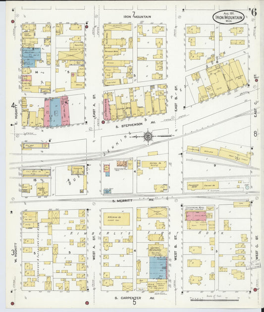 Sanborn Fire Insurance Map from Iron Mountain, Dickinson County, Michigan (1911), Sheet #0006 - Historic Sanborn Fire Insurance Map Print, vintage old map wall art, antique decor, genealogy gift, Michigan Michigan map