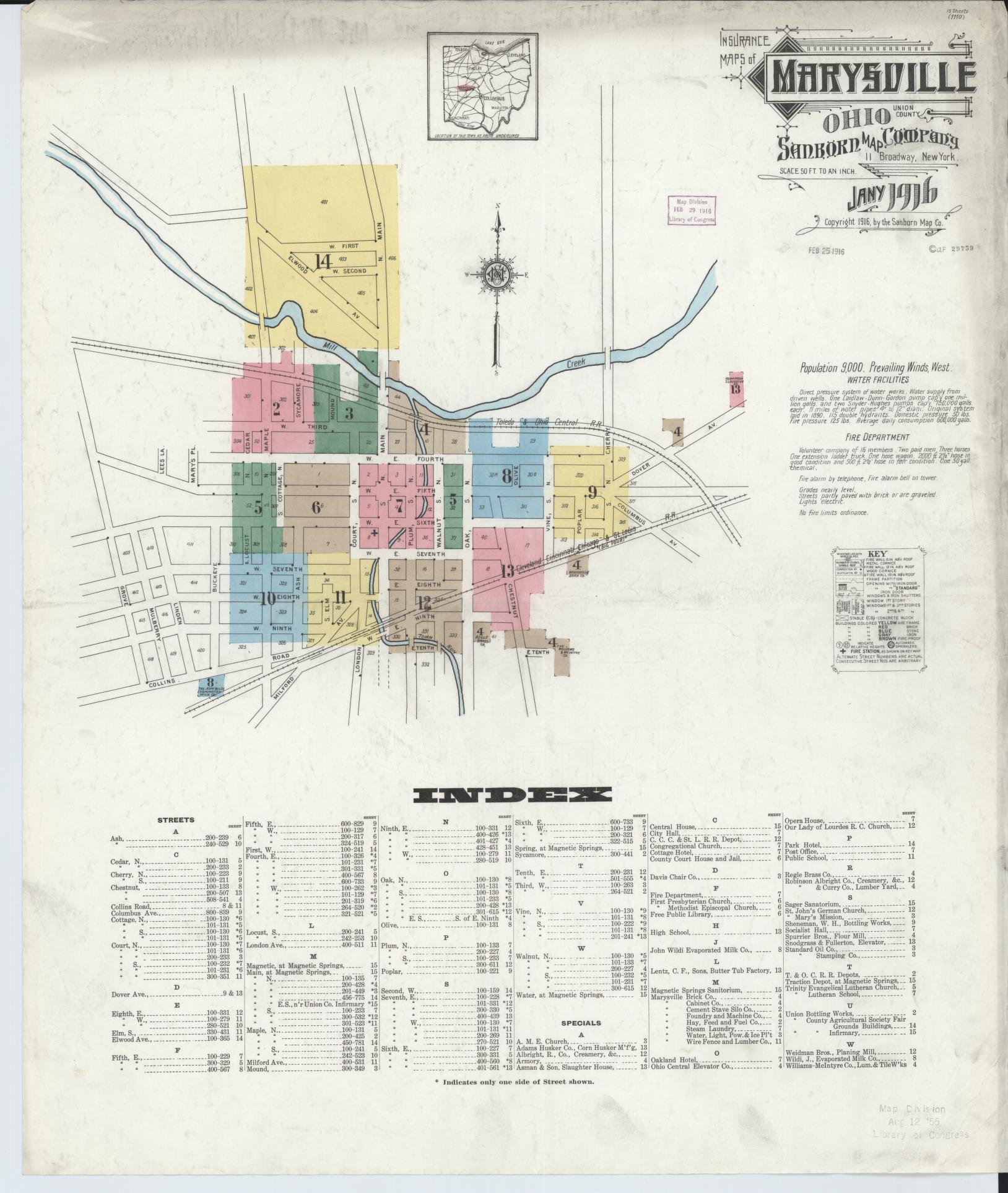 Sanborn Fire Insurance Map from Marysville, Union County, Ohio (1916), Sheet #0001 - Historic Sanborn Fire Insurance Map Print, vintage old map wall art, antique decor, genealogy gift, Ohio Ohio map