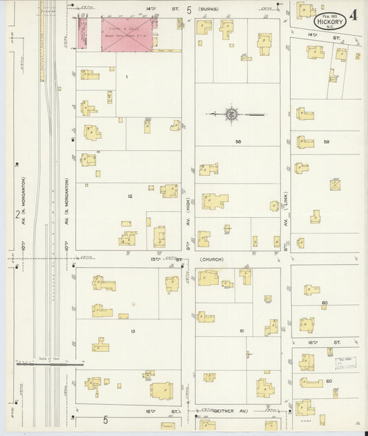 Sanborn Fire Insurance Map from Hickory, Catawba County, North Carolina (1913), Sheet #0004 - Historic Sanborn Fire Insurance Map Print, vintage old map wall art, antique decor, genealogy gift, North Carolina North Carolina map