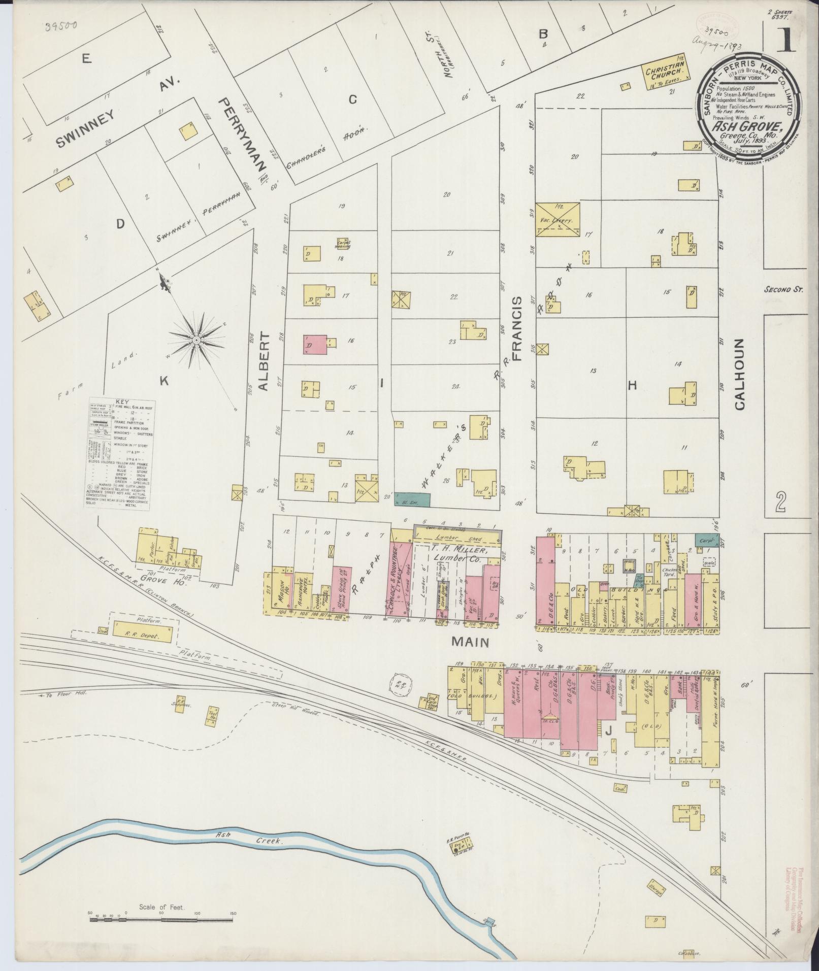 Sanborn Fire Insurance Map from Ash Grove, Greene County, Missouri (1893), Sheet #0001 - Historic Sanborn Fire Insurance Map Print, vintage old map wall art, antique decor, genealogy gift, Missouri Missouri map