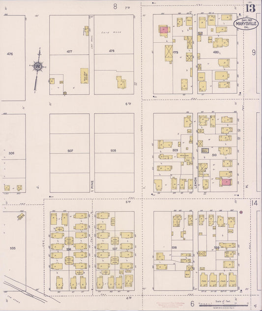 Sanborn Fire Insurance Map from Marysville, Yuba County, California (1921), Sheet #0013 - Historic Sanborn Fire Insurance Map Print, vintage old map wall art, antique decor, genealogy gift, California California map