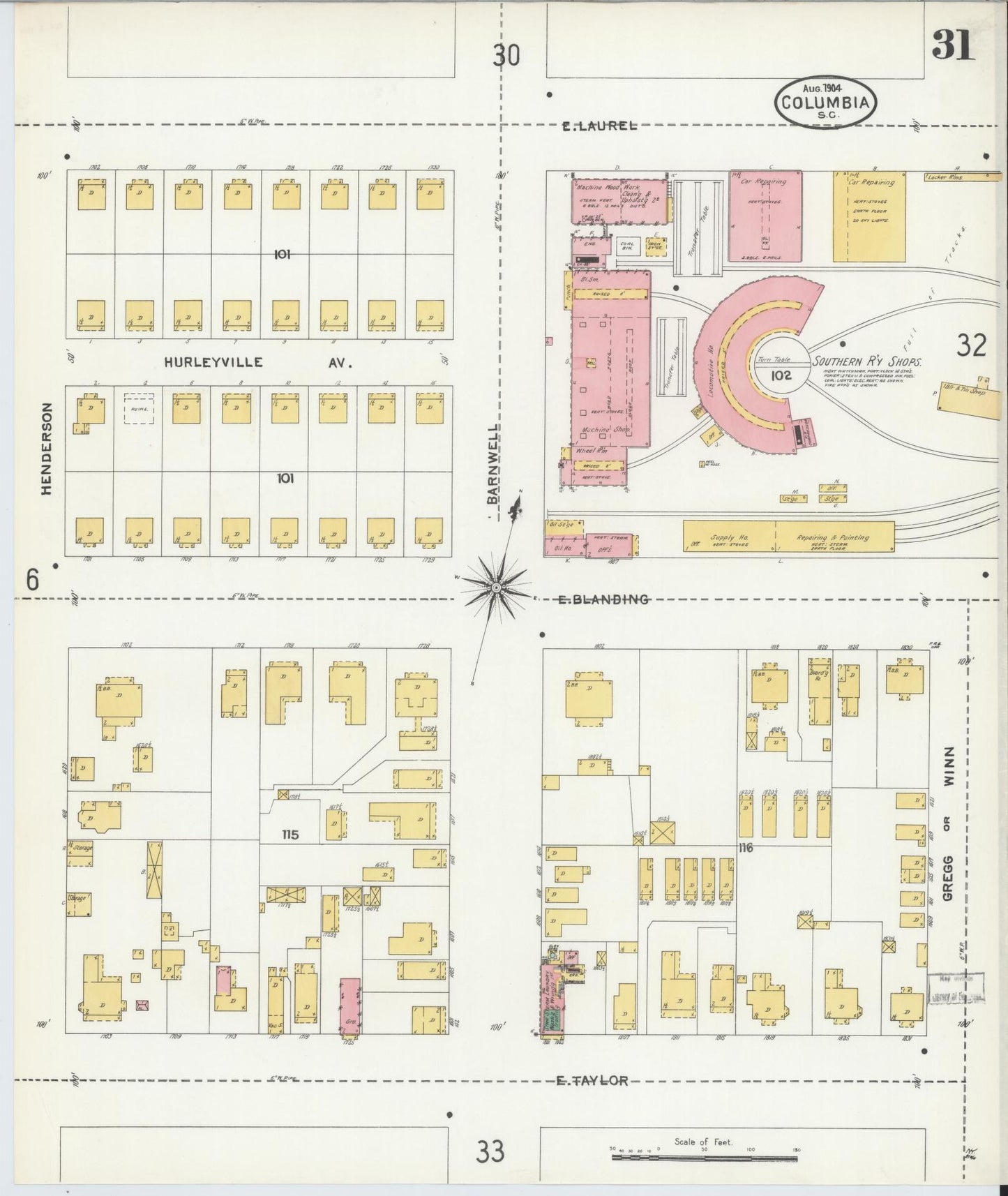Sanborn Fire Insurance Map from Columbia, Richland County, South Carolina (1904), Sheet #0031 - Complete Map Set gallery image, historic Sanborn map, vintage wall art, South Carolina South Carolina