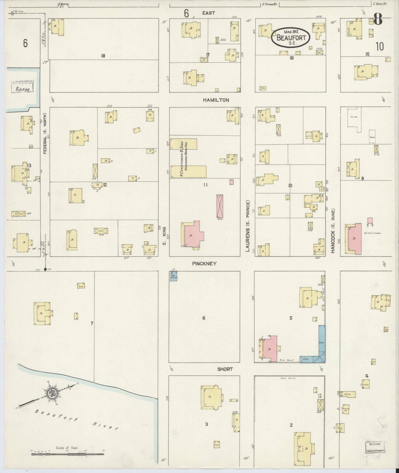 Sanborn Fire Insurance Map from Beaufort, Beaufort County, South Carolina (1912), Sheet #0008 - Complete Map Set gallery image, historic Sanborn map, vintage wall art, South Carolina South Carolina