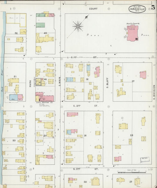 Sanborn Fire Insurance Map from Janesville, Rock County, Wisconsin (1895), Sheet #0005 - Historic Sanborn Fire Insurance Map Print, vintage old map wall art, antique decor, genealogy gift, Wisconsin Wisconsin map