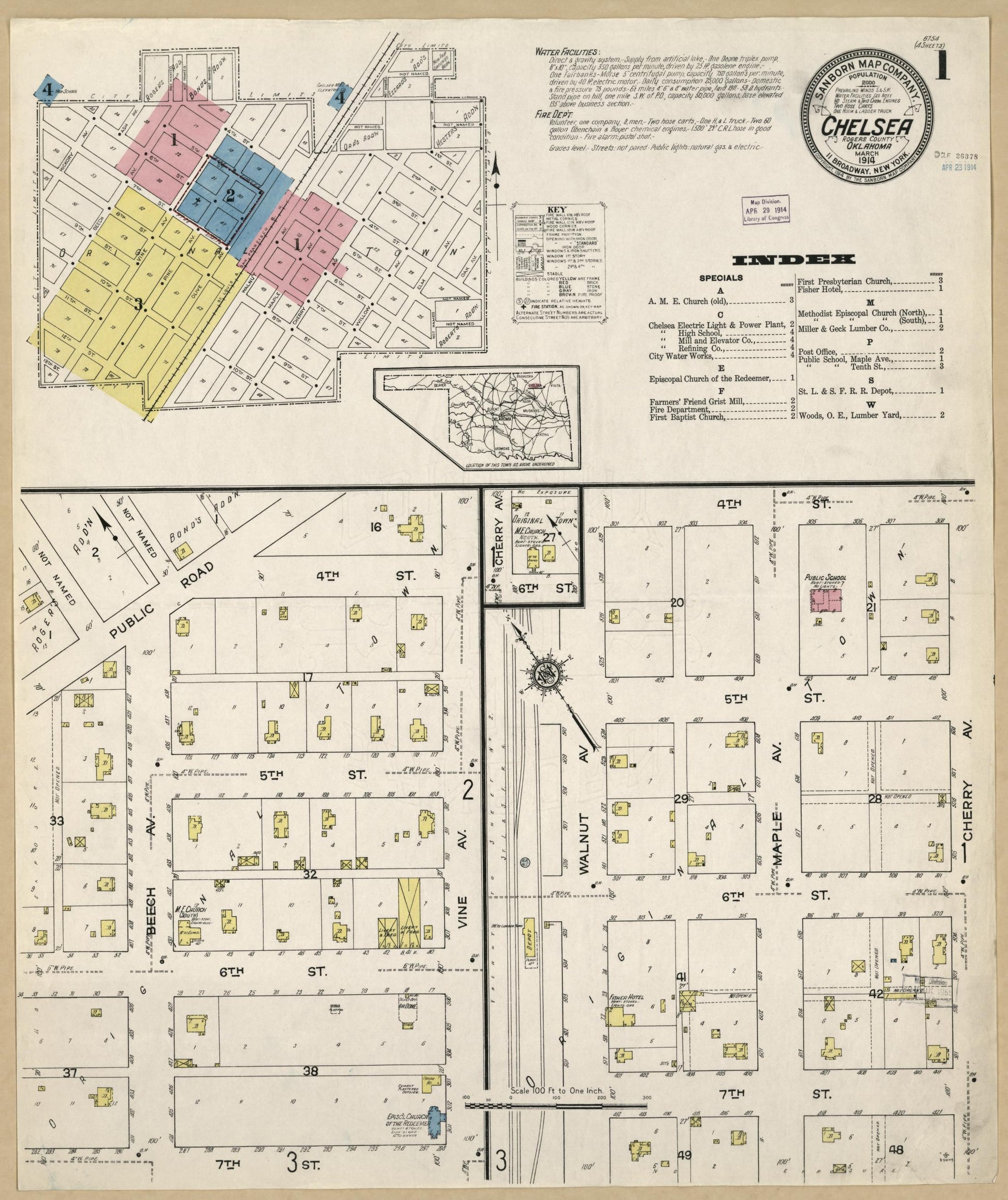 Sanborn Fire Insurance Map from Chelsea, Rogers County, Oklahoma (1914), Sheet #0001 - Historic Sanborn Fire Insurance Map Print, vintage old map wall art, antique decor, genealogy gift, Oklahoma Oklahoma map