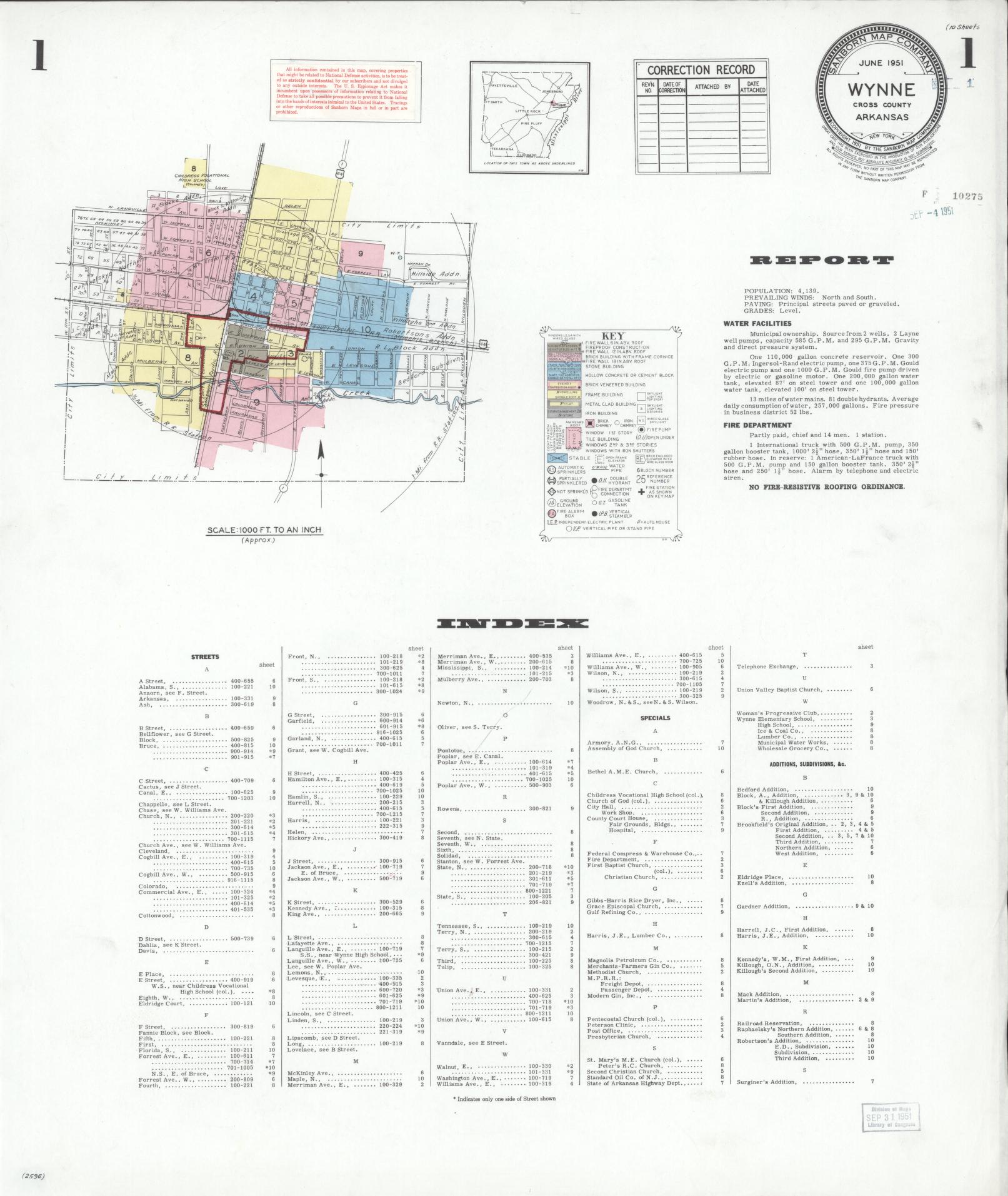 Sanborn Fire Insurance Map from Wynne, Cross County, Arkansas (1951), Sheet #0001 - Complete Map Set gallery image, historic Sanborn map, vintage wall art, Arkansas Arkansas