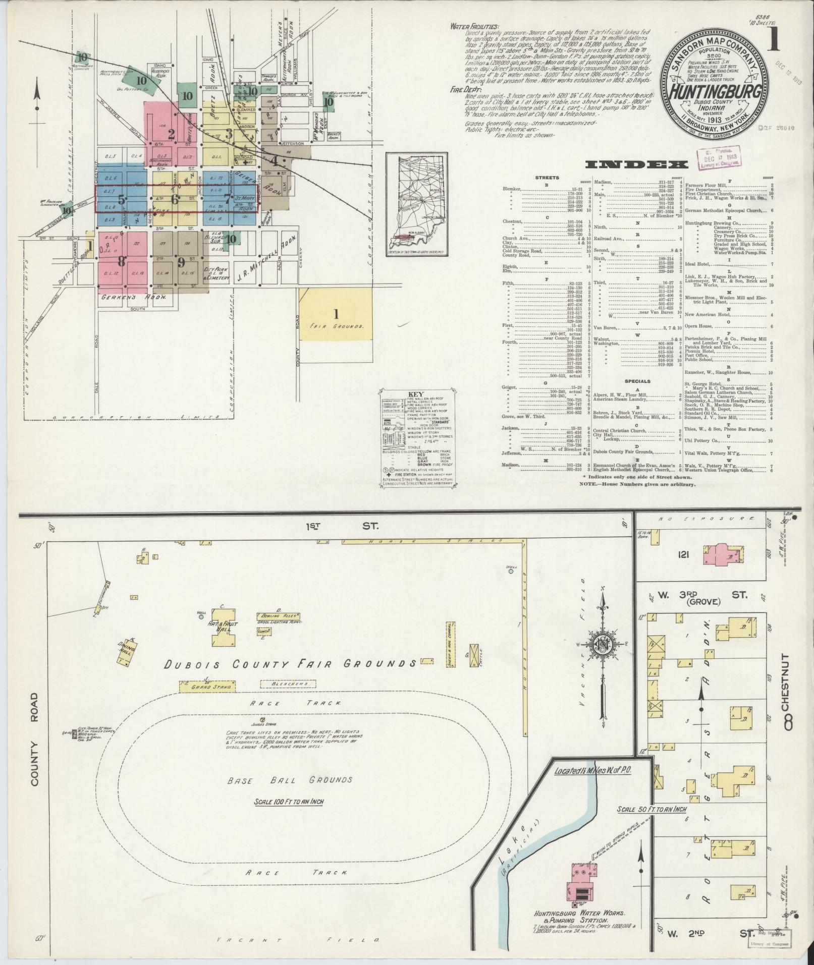 Sanborn Fire Insurance Map from Huntingburg, Dubois County, Indiana (1913), Sheet #0001 - Complete Map Set gallery image, historic Sanborn map, vintage wall art, Indiana Indiana