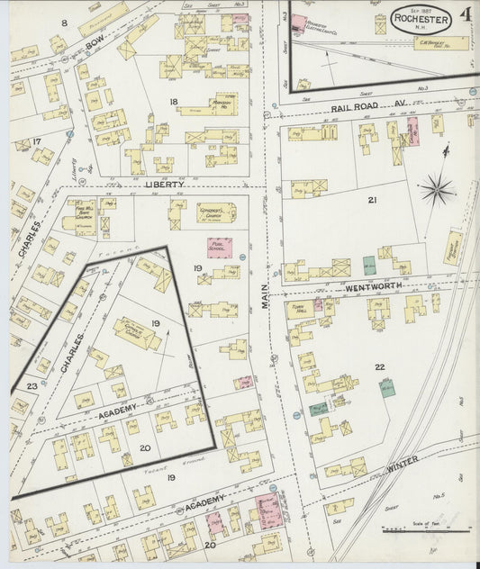 Sanborn Fire Insurance Map from Rochester, Strafford County, New Hampshire (1887), Sheet #0004 - Historic Sanborn Fire Insurance Map Print, vintage old map wall art, antique decor, genealogy gift, New Hampshire New Hampshire map