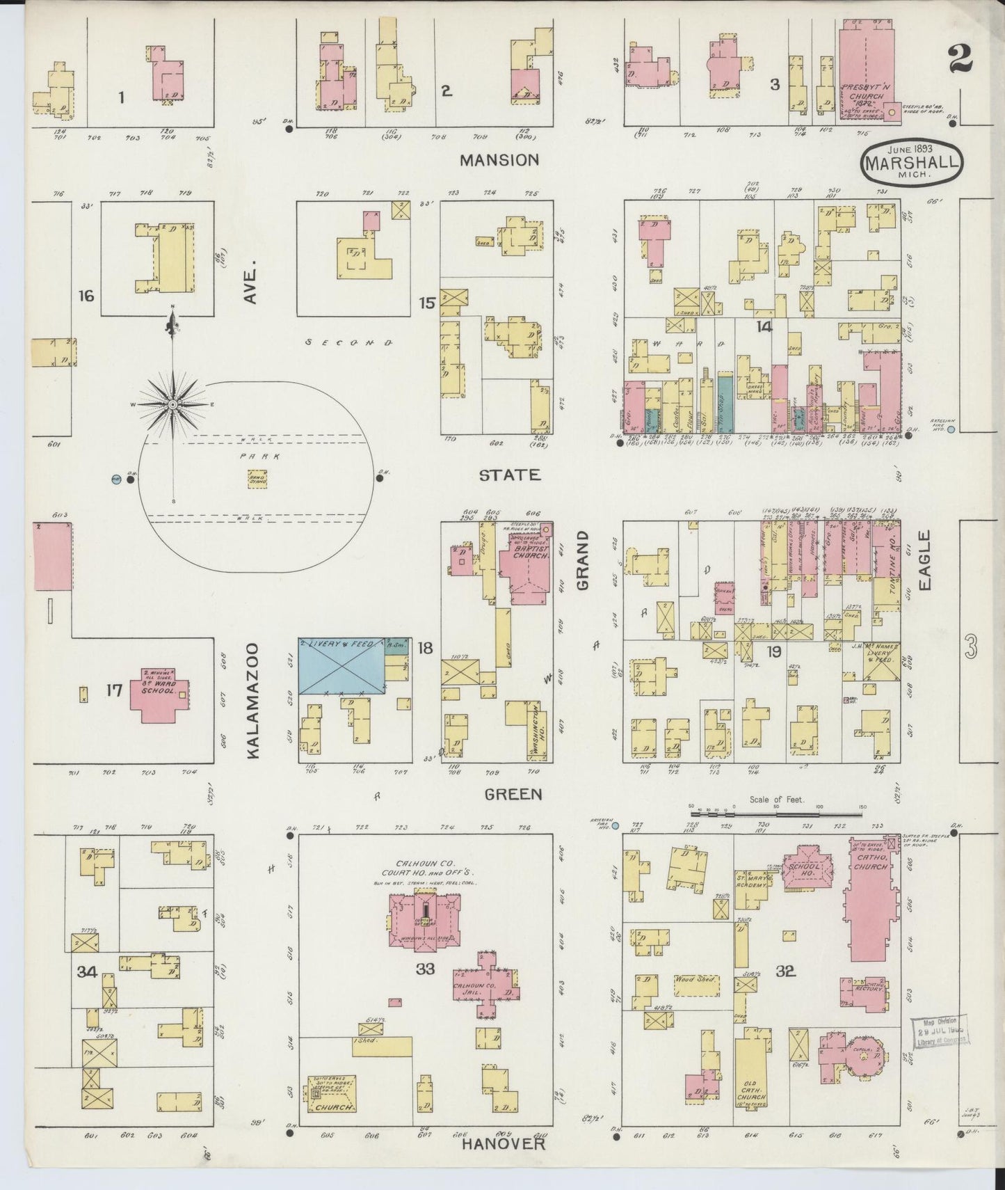 Sanborn Fire Insurance Map from Marshall, Calhoun County, Michigan (1893), Sheet #0002 - Complete Map Set gallery image, historic Sanborn map, vintage wall art, Michigan Michigan
