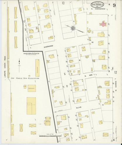 Sanborn Fire Insurance Map from San Angelo, Tom Green County, Texas (1913), Sheet #0009 - Historic Sanborn Fire Insurance Map Print, vintage old map wall art, antique decor, genealogy gift, Texas Texas map