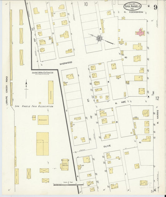 Sanborn Fire Insurance Map from San Angelo, Tom Green County, Texas (1913), Sheet #0009 - Historic Sanborn Fire Insurance Map Print, vintage old map wall art, antique decor, genealogy gift, Texas Texas map