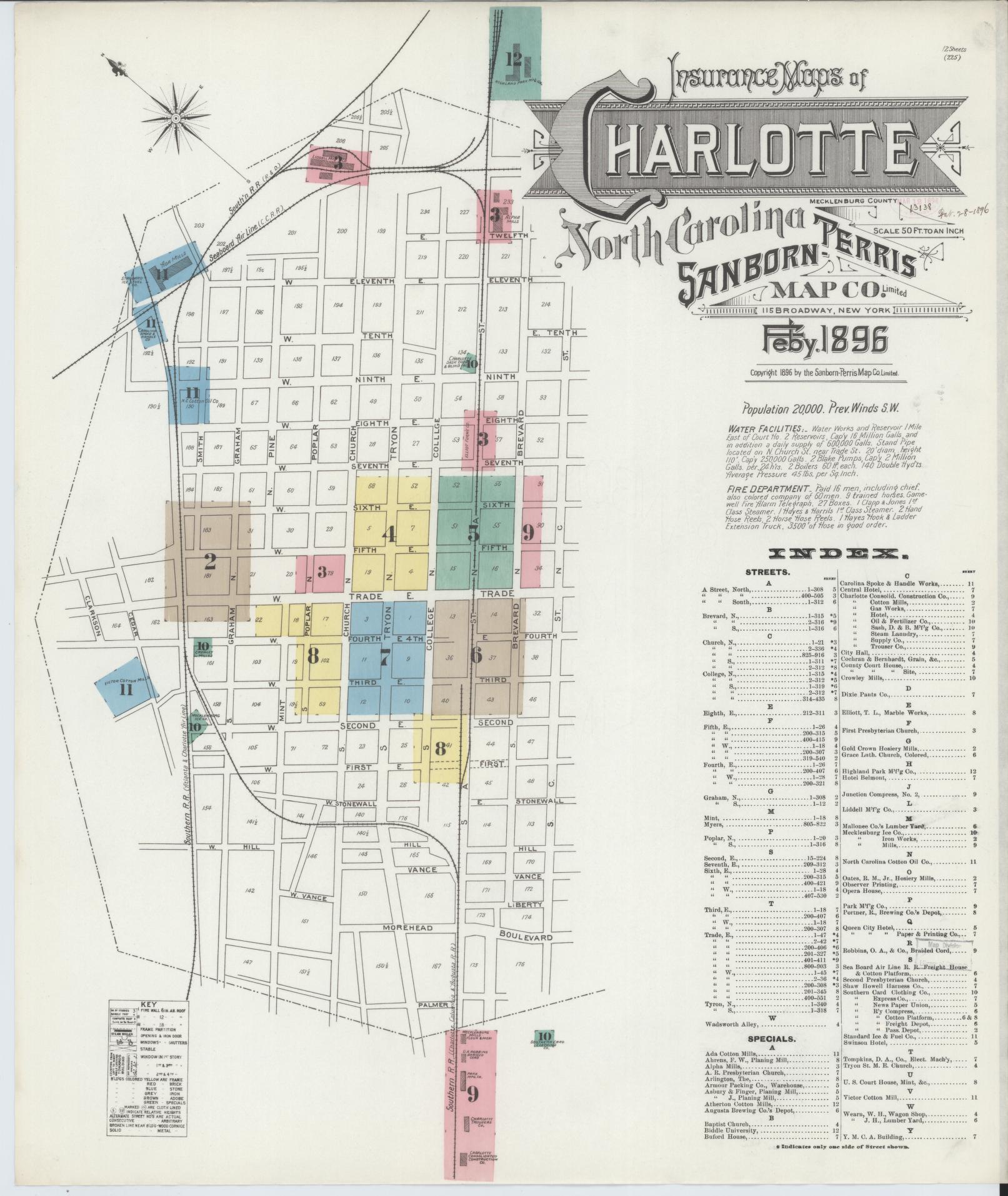 Sanborn Fire Insurance Map from Charlotte, Mecklenburg County, North Carolina (1896), Sheet #0001 - Historic Sanborn Fire Insurance Map Print, vintage old map wall art, antique decor, genealogy gift, North Carolina North Carolina map