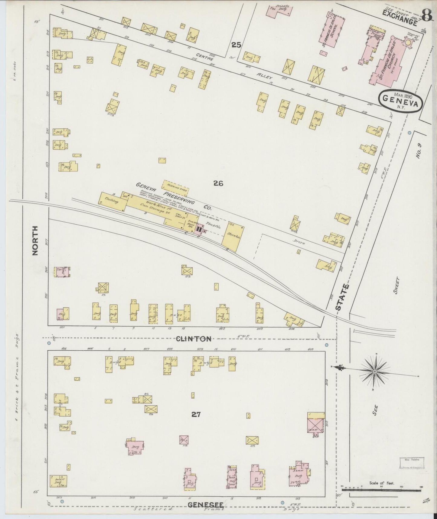 Sanborn Fire Insurance Map from Geneva, Ontario County, New York (1890), Sheet #0008 - Historic Sanborn Fire Insurance Map Print, vintage old map wall art, antique decor, genealogy gift, New York New York map