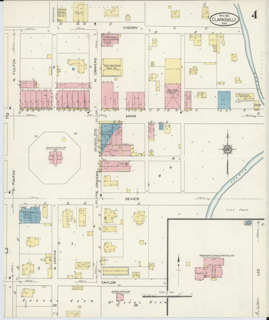Sanborn Fire Insurance Map from Clarksville, Johnson County, Arkansas (1913), Sheet #0004 - Historic Sanborn Fire Insurance Map Print, vintage old map wall art, antique decor, genealogy gift, Arkansas Arkansas map
