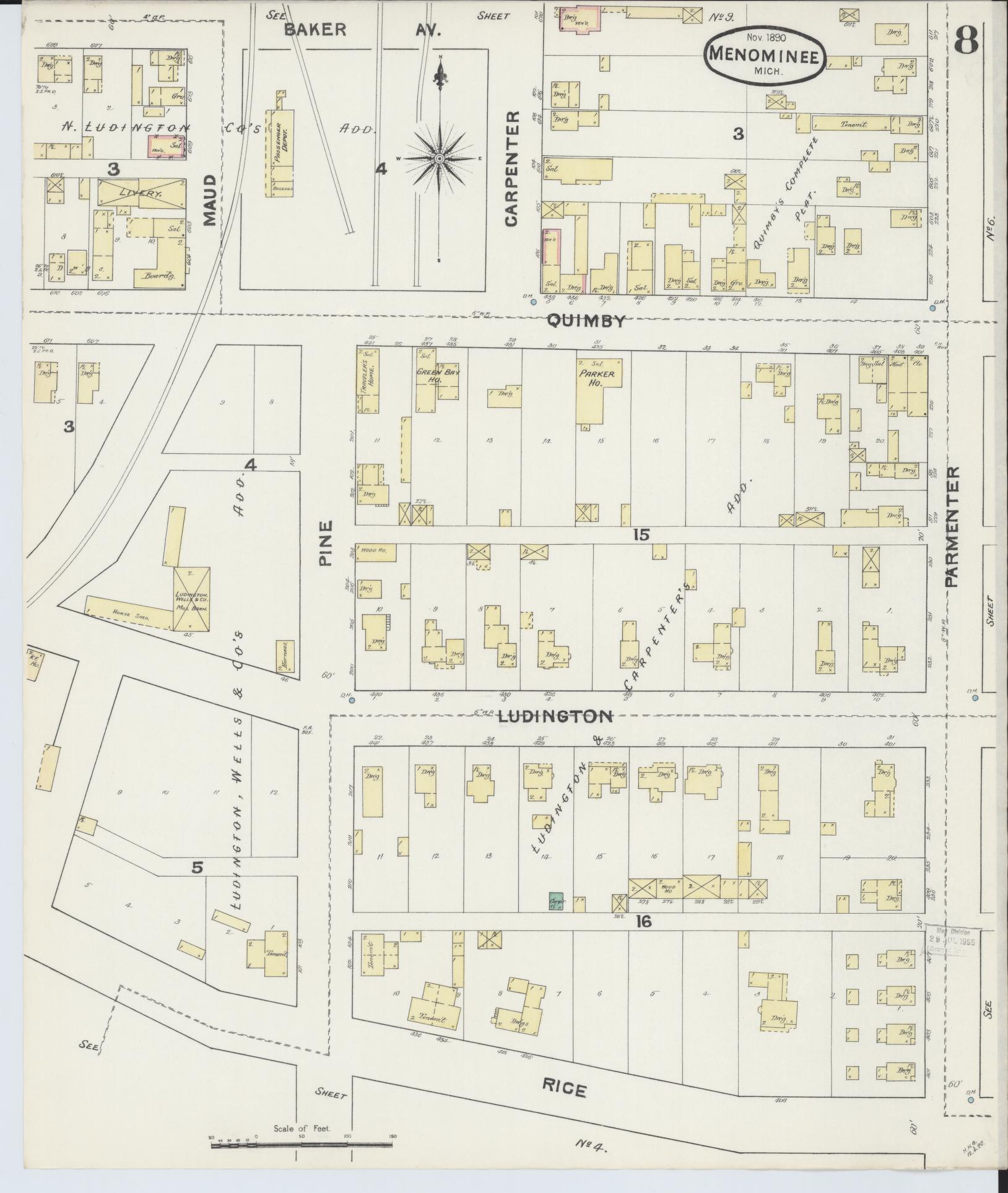 Sanborn Fire Insurance Map from Menominee, Menominee County, Michigan (1890), Sheet #0008 - Complete Map Set gallery image, historic Sanborn map, vintage wall art, Michigan Michigan