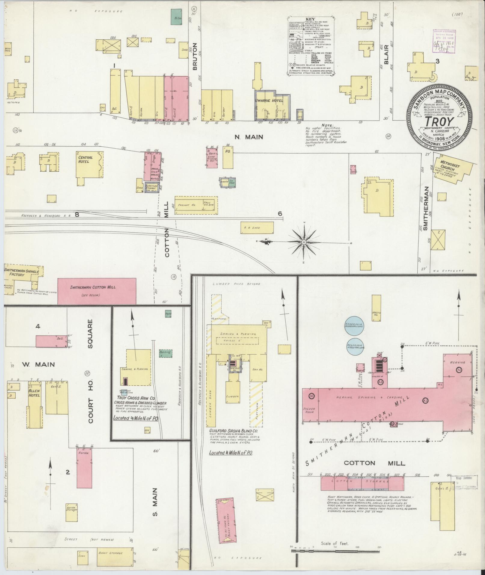 Sanborn Fire Insurance Map from Troy, Montgomery County, North Carolina (1908), Sheet #0001 - Historic Sanborn Fire Insurance Map Print, vintage old map wall art, antique decor, genealogy gift, North Carolina North Carolina map