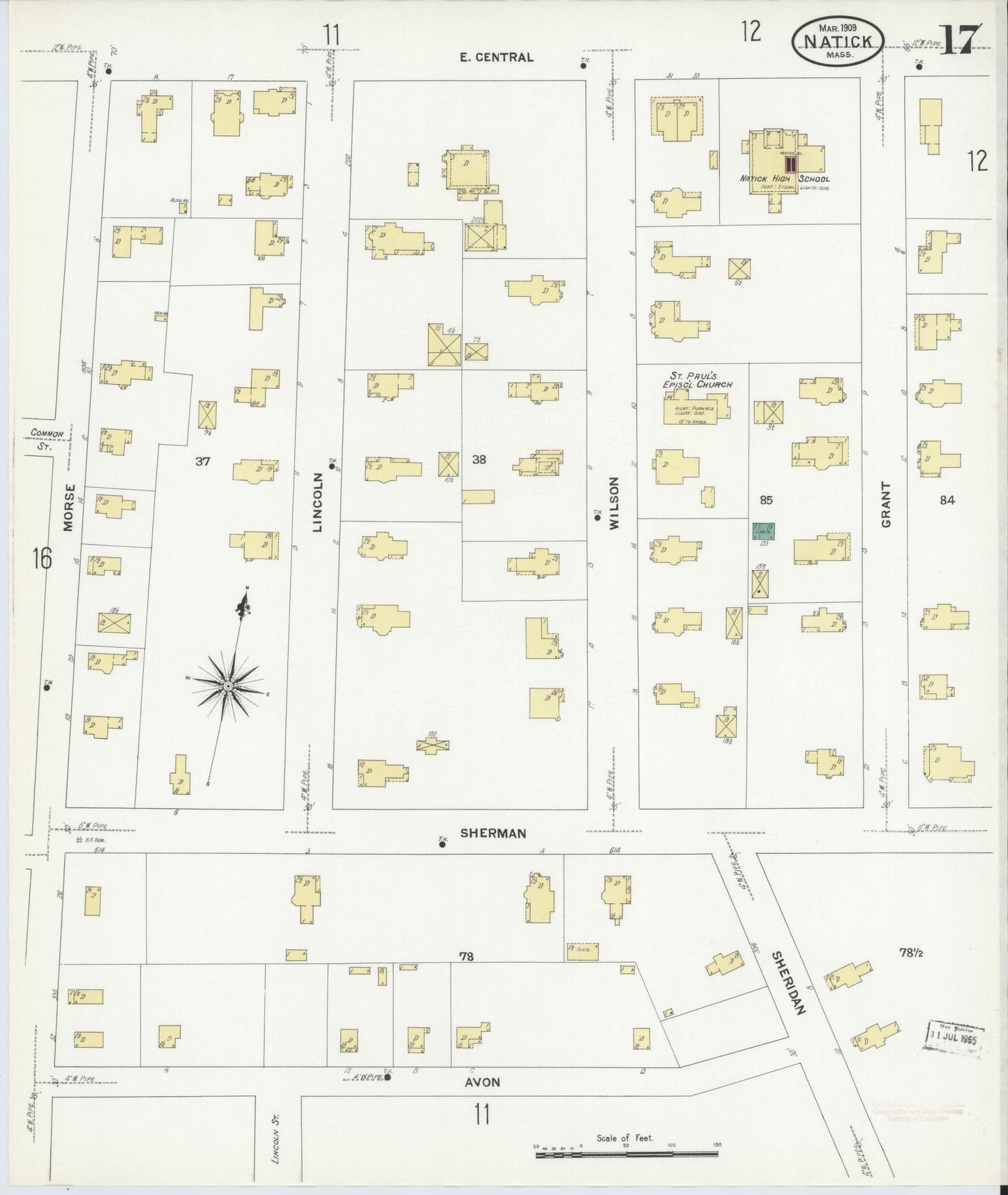 Sanborn Fire Insurance Map from Natick, Middlesex County, Massachusetts (1909), Sheet #0017 - Historic Sanborn Fire Insurance Map Print, vintage old map wall art, antique decor, genealogy gift, Massachusetts Massachusetts map