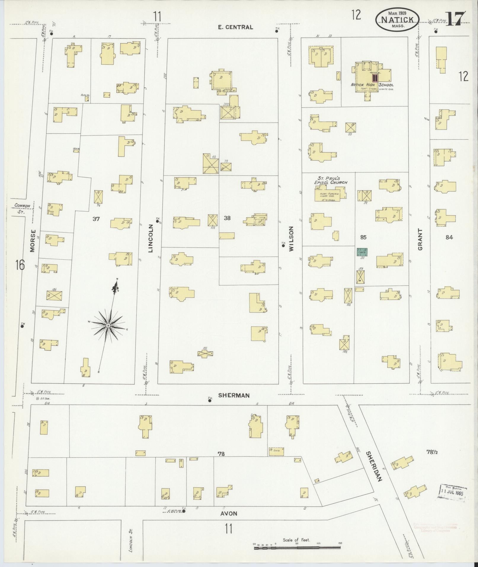 Sanborn Fire Insurance Map from Natick, Middlesex County, Massachusetts (1909), Sheet #0017 - Historic Sanborn Fire Insurance Map Print, vintage old map wall art, antique decor, genealogy gift, Massachusetts Massachusetts map