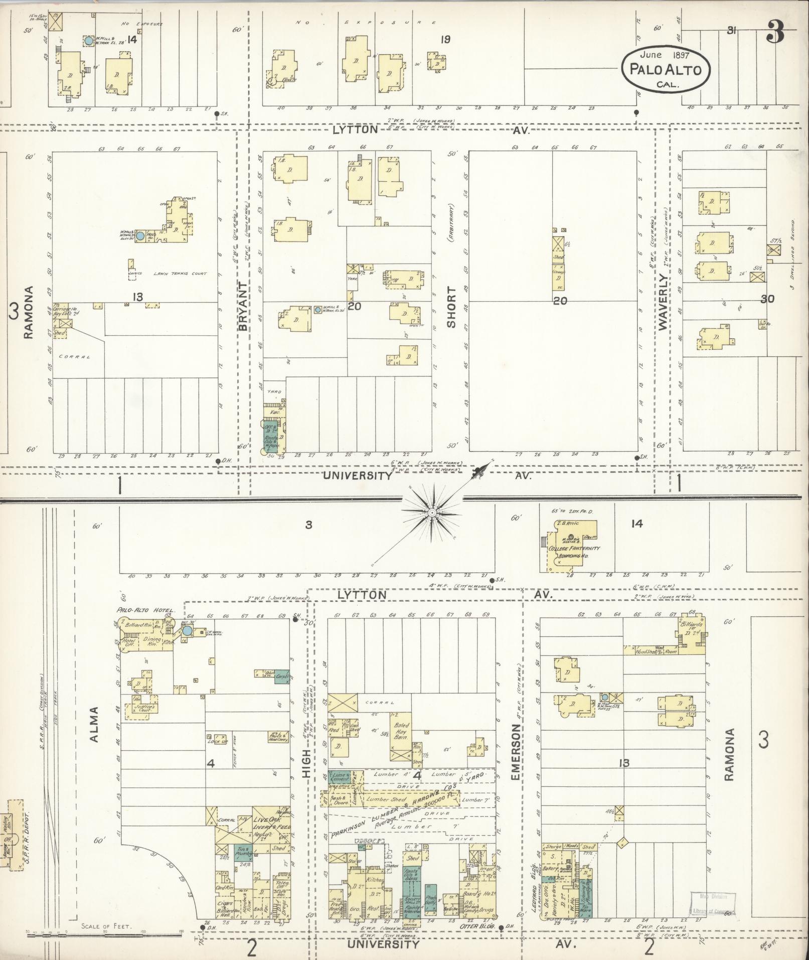 Sanborn Fire Insurance Map from Palo Alto, Santa Clara County, California (1897), Sheet #0003 - Complete Map Set gallery image, historic Sanborn map, vintage wall art, California California