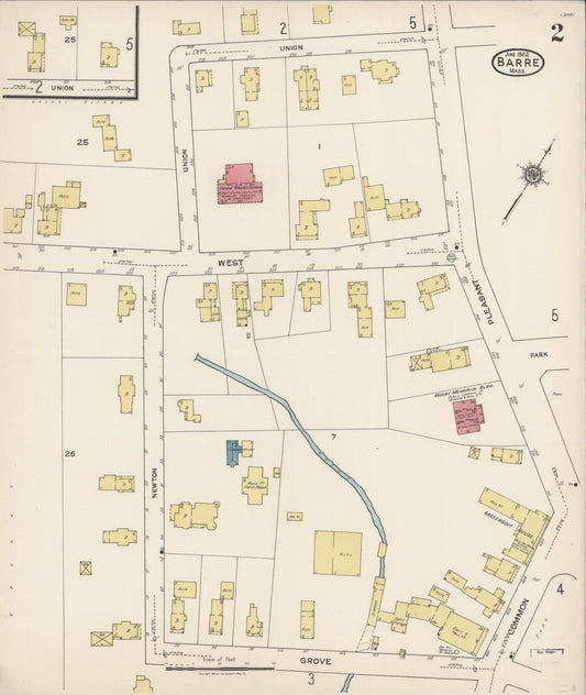 Sanborn Fire Insurance Map from Barre, Worcester County, Massachusetts (1922), Sheet #0002 - Historic Sanborn Fire Insurance Map Print, vintage old map wall art, antique decor, genealogy gift, Massachusetts Massachusetts map