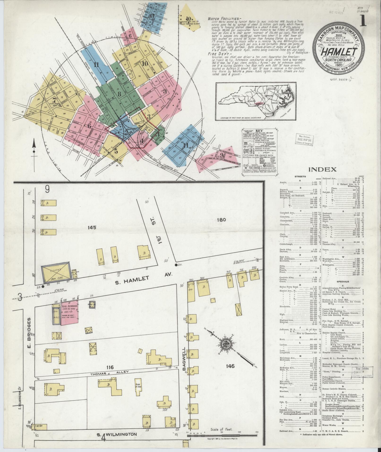 Sanborn Fire Insurance Map from Hamlet, Richmond County, North Carolina (1920), Sheet #0001 - Historic Sanborn Fire Insurance Map Print, vintage old map wall art, antique decor, genealogy gift, North Carolina North Carolina map