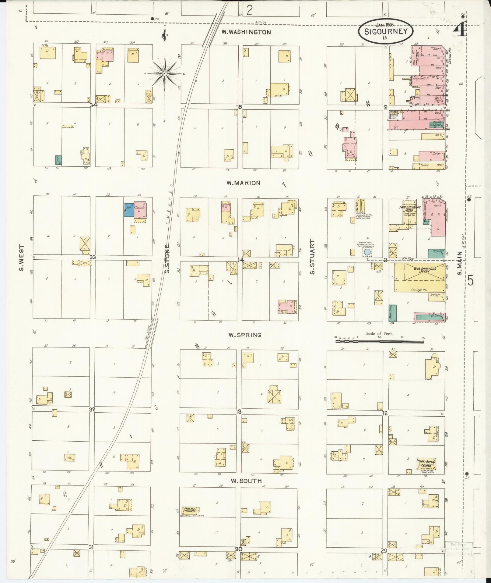 Sanborn Fire Insurance Map from Sigourney, Kiokuk County, Iowa (1906), Sheet #0004 - Historic Sanborn Fire Insurance Map Print, vintage old map wall art