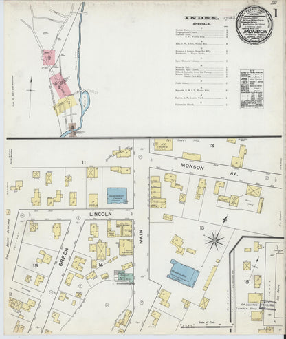 Sanborn Fire Insurance Map from Monson, Hampden County, Massachusetts (1892), Sheet #0001 - Complete Map Set gallery image, historic Sanborn map, vintage wall art, Massachusetts Massachusetts