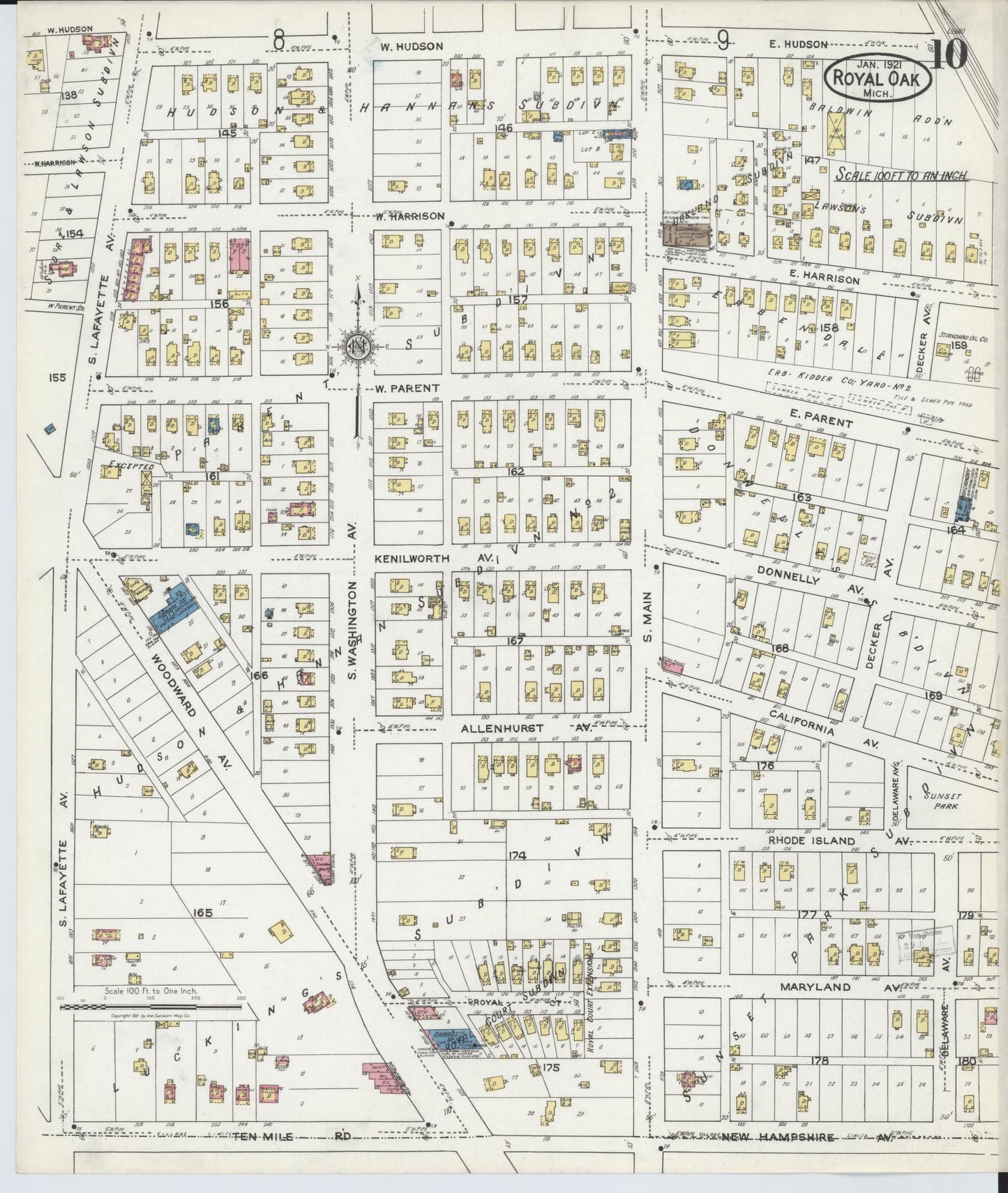 Sanborn Fire Insurance Map from Royal Oak, Oakland County, Michigan (1921), Sheet #0010 - Complete Map Set gallery image, historic Sanborn map, vintage wall art, Michigan Michigan