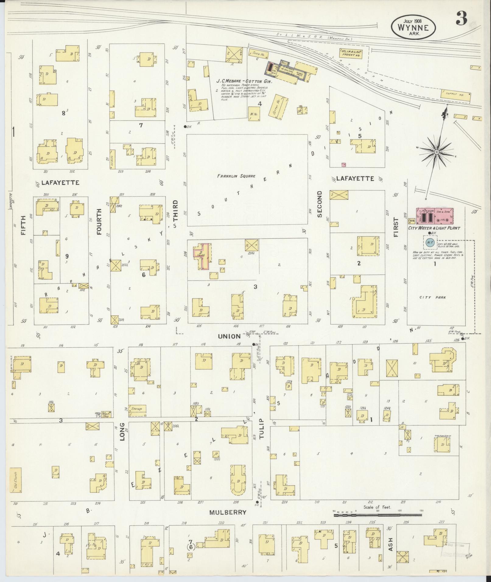 Sanborn Fire Insurance Map from Wynne, Cross County, Arkansas (1908), Sheet #0003 - Complete Map Set gallery image, historic Sanborn map, vintage wall art, Arkansas Arkansas