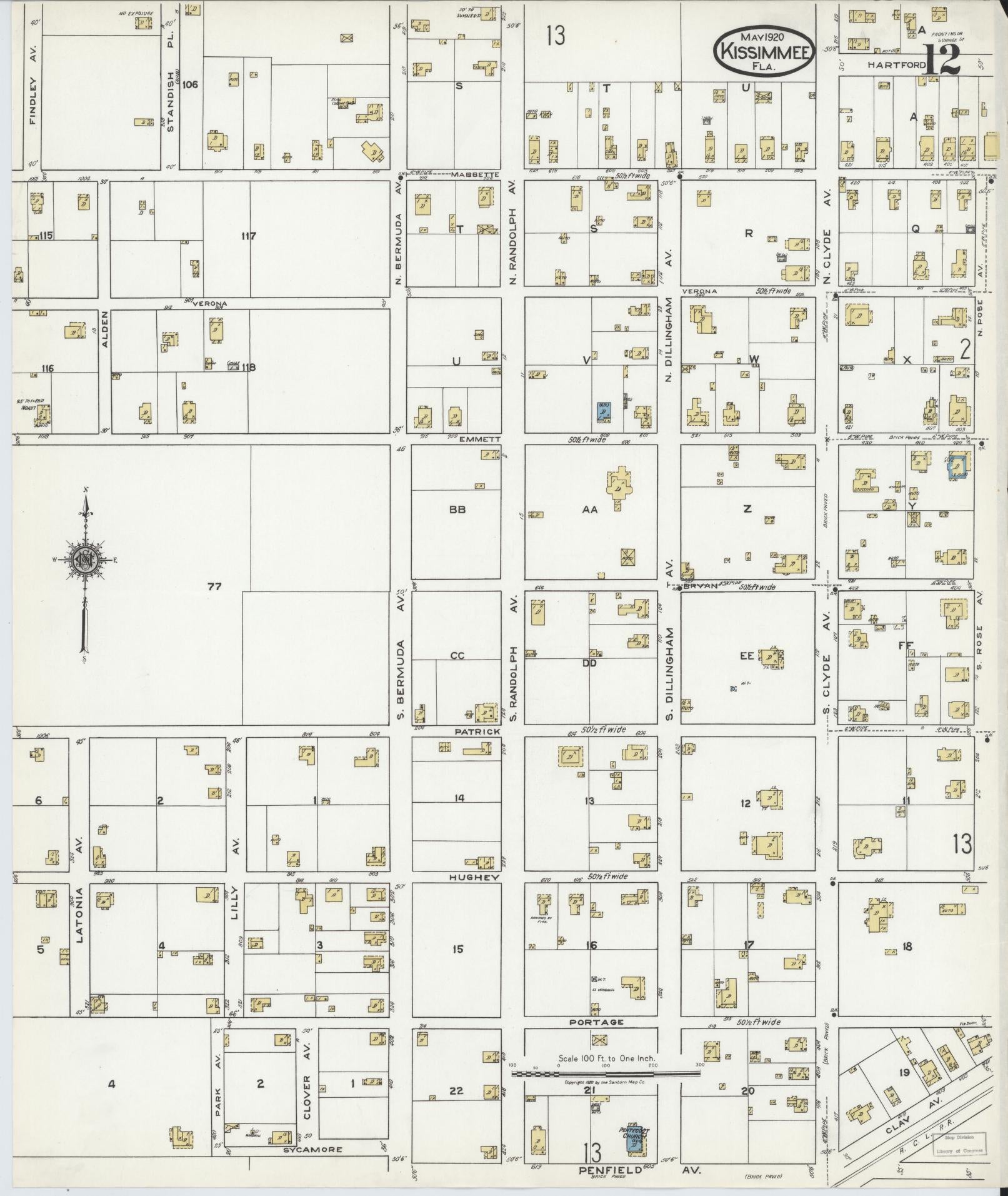 Sanborn Fire Insurance Map from Kissimmee, Osceola County, Florida (1920), Sheet #0012 - Historic Sanborn Fire Insurance Map Print, vintage old map wall art, antique decor, genealogy gift, Florida Florida map