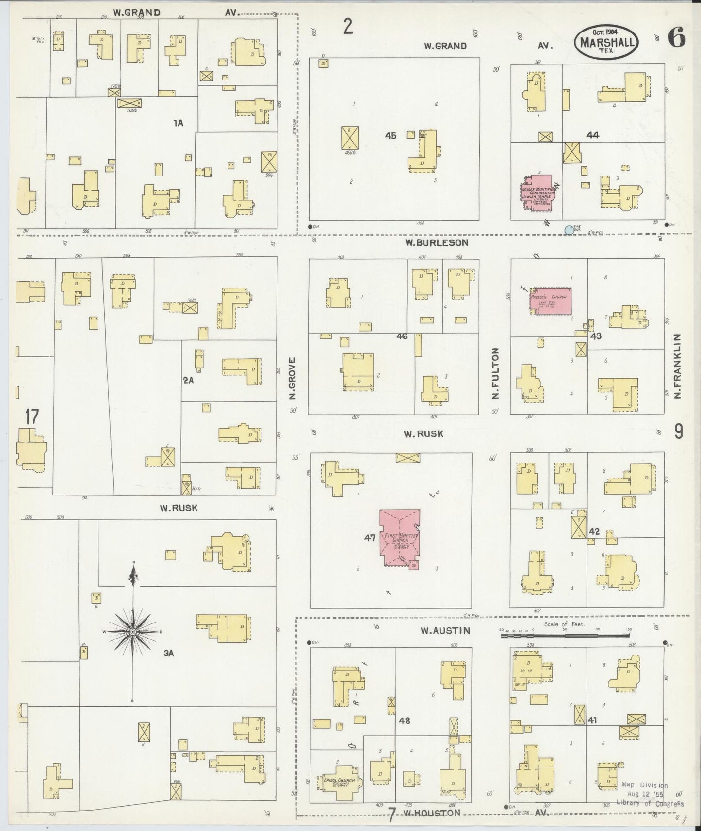 Sanborn Fire Insurance Map from Marshall, Harrison County, Texas (1904), Sheet #0006 - Complete Map Set gallery image, historic Sanborn map, vintage wall art, Texas Texas
