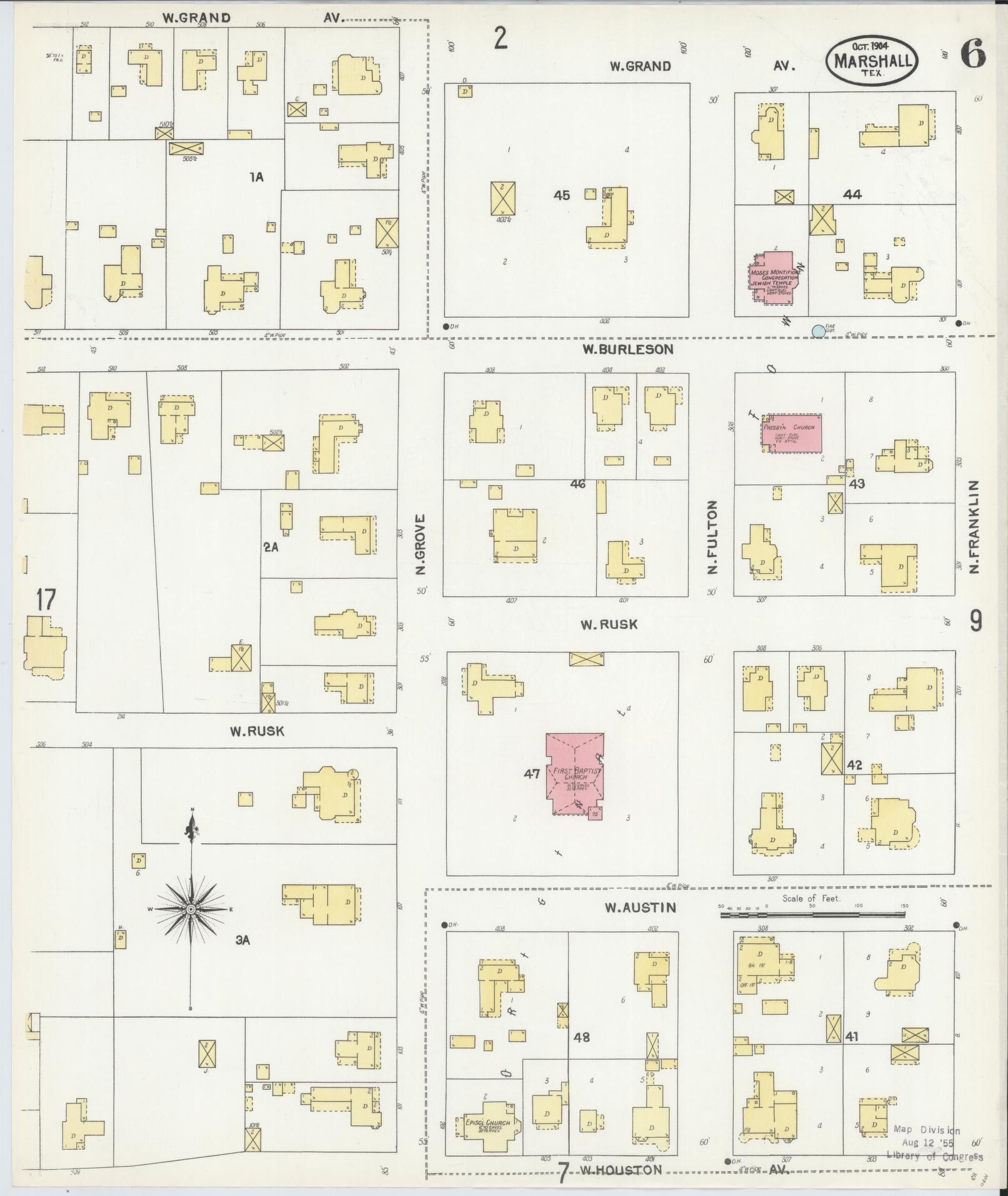Sanborn Fire Insurance Map from Marshall, Harrison County, Texas (1904), Sheet #0006 - Complete Map Set gallery image, historic Sanborn map, vintage wall art, Texas Texas