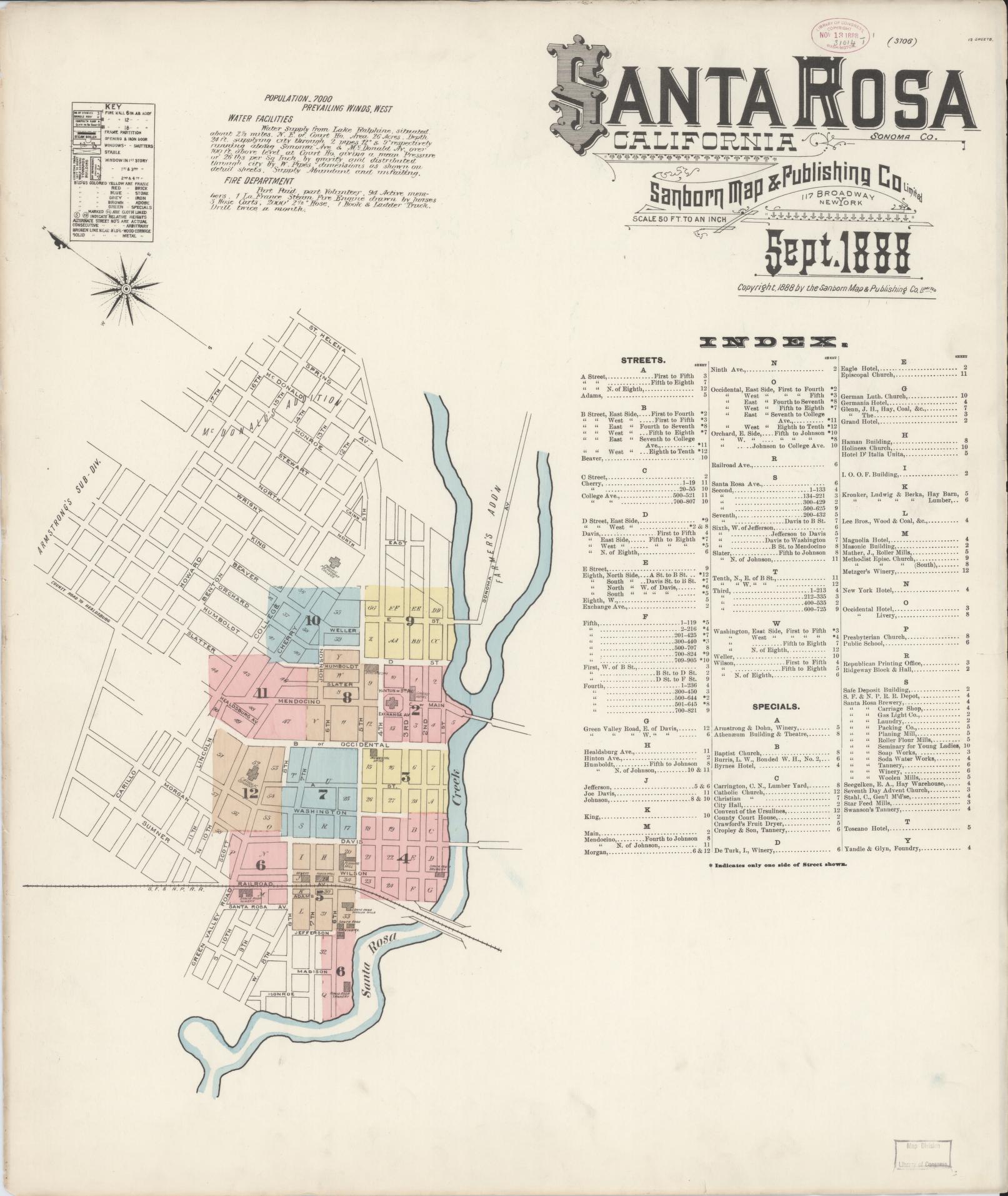 Sanborn Fire Insurance Map from Santa Rosa, Sonoma County, California (1888), Sheet #0001 - Complete Map Set gallery image, historic Sanborn map, vintage wall art, California California