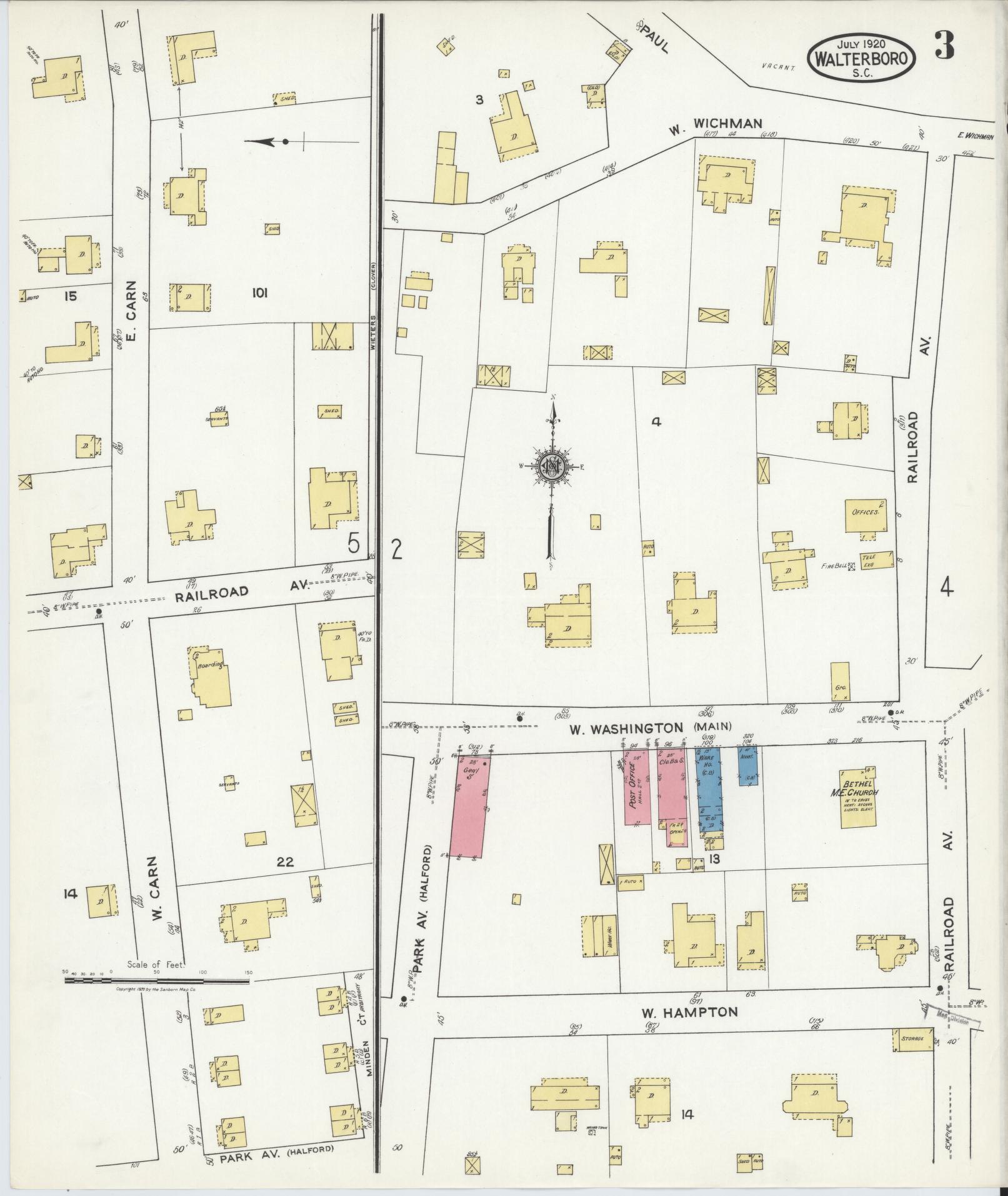 Sanborn Fire Insurance Map from Walterboro, Colleton County, South Carolina (1920), Sheet #0003 - Historic Sanborn Fire Insurance Map Print, vintage old map wall art, antique decor, genealogy gift, South Carolina South Carolina map