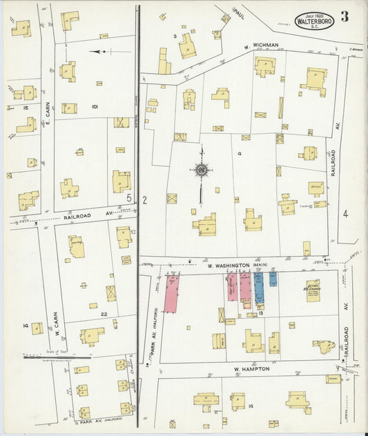 Sanborn Fire Insurance Map from Walterboro, Colleton County, South Carolina (1920), Sheet #0003 - Historic Sanborn Fire Insurance Map Print, vintage old map wall art, antique decor, genealogy gift, South Carolina South Carolina map