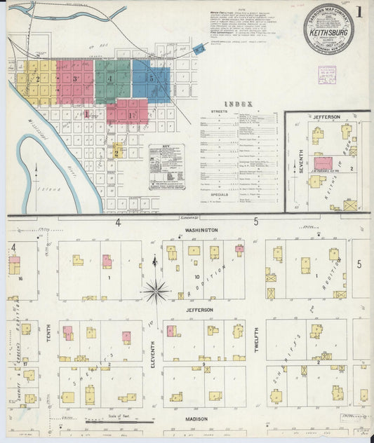 Sanborn Fire Insurance Map from Keithsburg, Mercer County, Illinois (1907), Sheet #0001 - Complete Map Set gallery image, historic Sanborn map, vintage wall art, Illinois Illinois