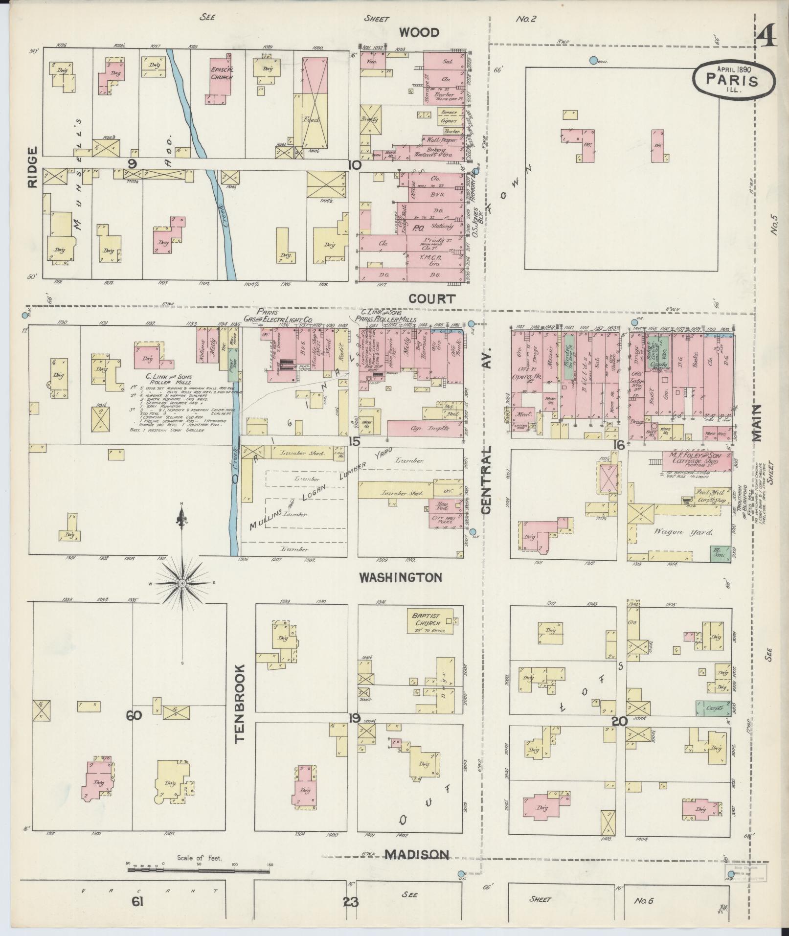 Sanborn Fire Insurance Map from Paris, Edgar County, Illinois (1890), Sheet #0004 - Complete Map Set gallery image, historic Sanborn map, vintage wall art, Illinois Illinois