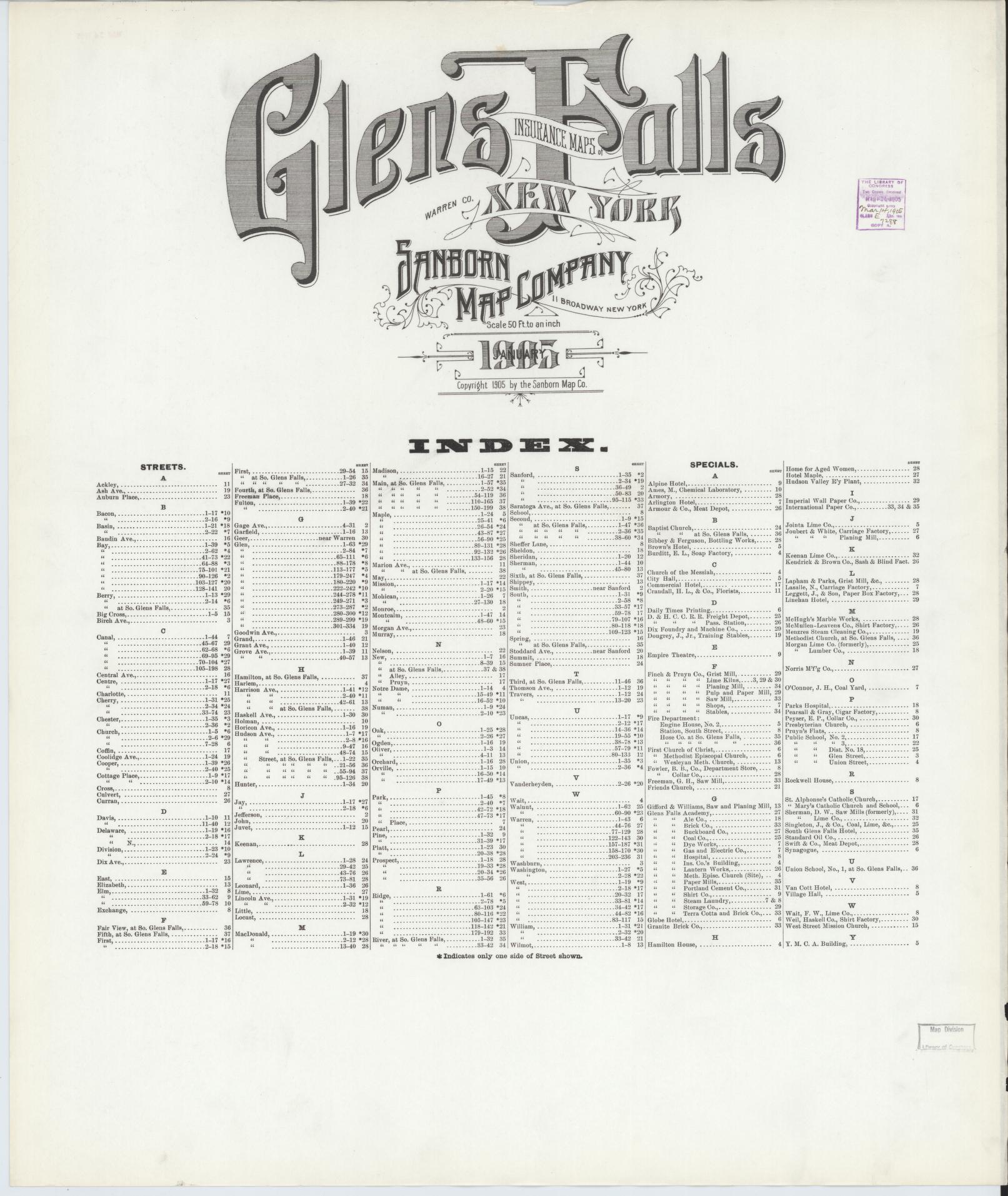 Sanborn Fire Insurance Map from Glens Falls, Warren County, New York. (1905) – Historic Sanborn Fire Insurance Map Print