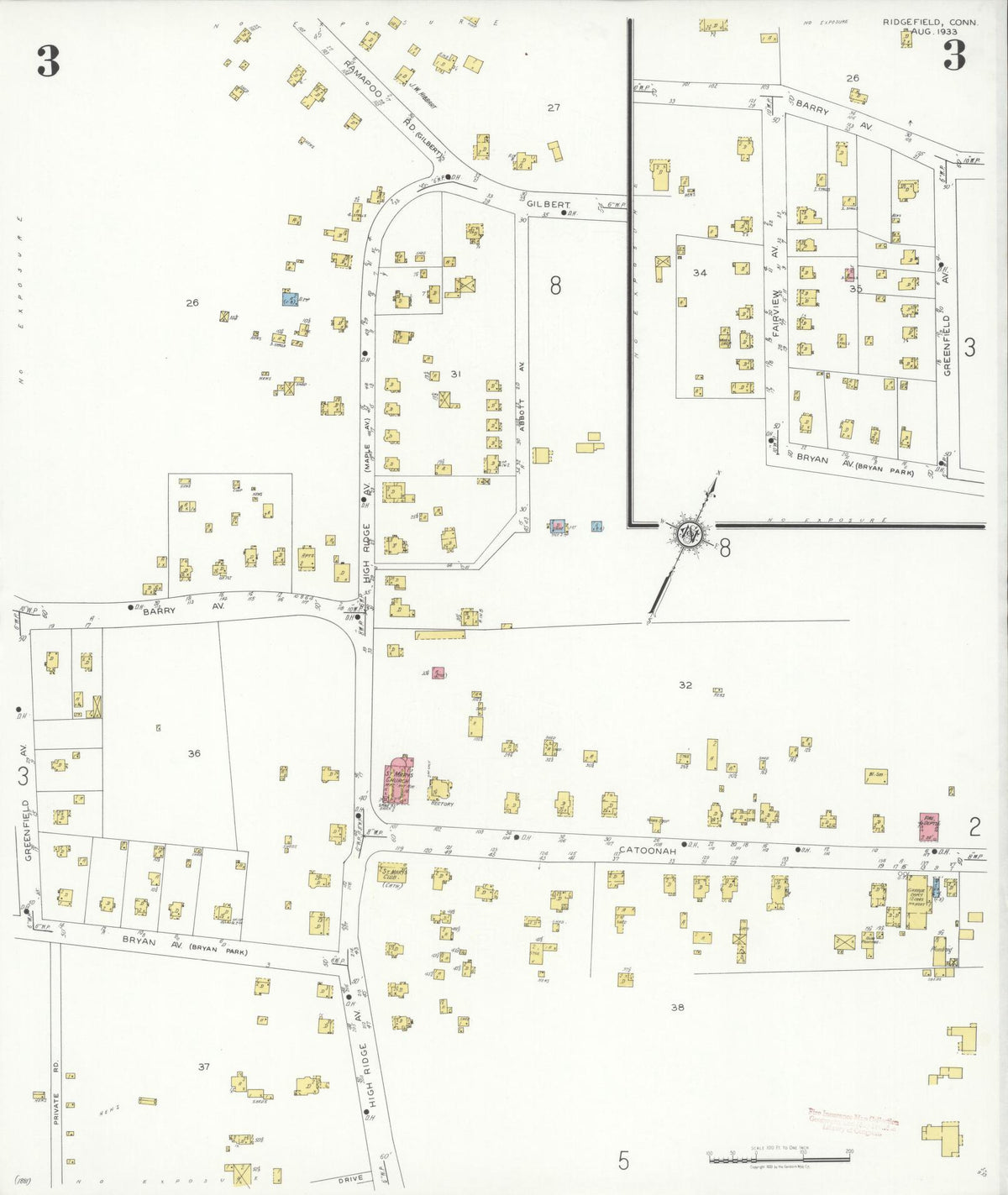 Sanborn Fire Insurance Map from Ridgefield, Fairfield County, Connecticut (1933), Sheet #0003 - Historic Sanborn Fire Insurance Map Print, vintage old map wall art, antique decor, genealogy gift, Connecticut Connecticut map