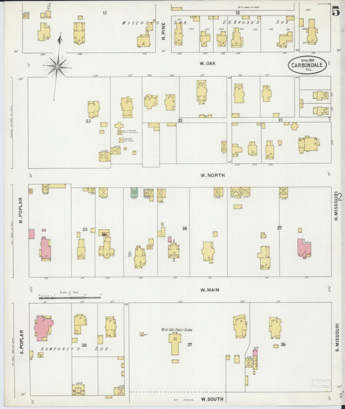 Sanborn Fire Insurance Map from Carbondale, Jackson County, Illinois (1899), Sheet #0005 - Complete Map Set gallery image, historic Sanborn map, vintage wall art, Illinois Illinois