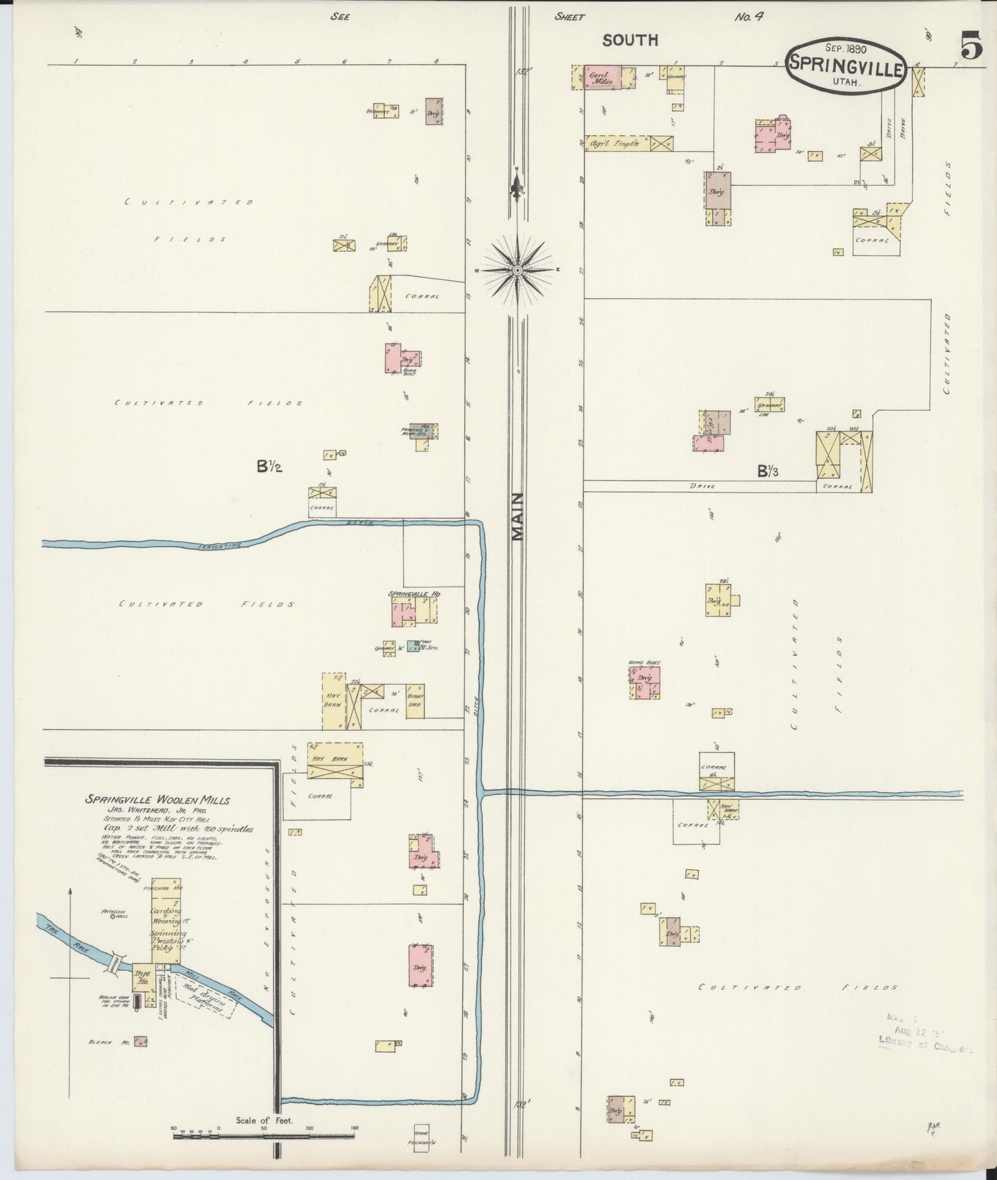 Sanborn Fire Insurance Map from Springville, Utah County, Utah (1890), Sheet #0005 - Historic Sanborn Fire Insurance Map Print, vintage old map wall art, antique decor, genealogy gift, Springville Utah map