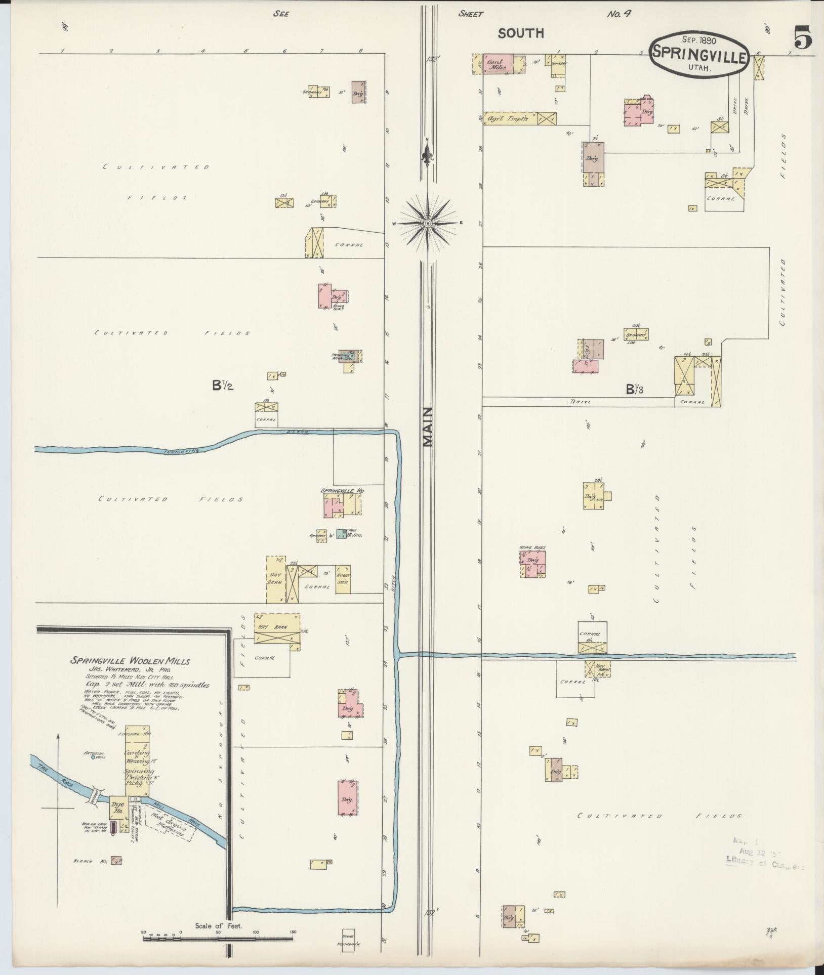 Sanborn Fire Insurance Map from Springville, Utah County, Utah (1890), Sheet #0005 - Historic Sanborn Fire Insurance Map Print, vintage old map wall art, antique decor, genealogy gift, Springville Utah map